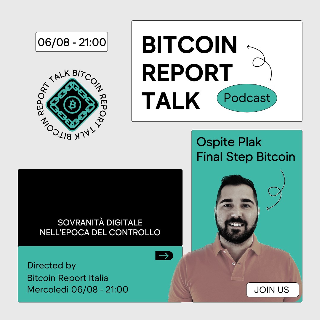 ⚡️ CI SIAMO. ARRIVA LA NUOVA PUNTATA DEL NOSTRO PODCAST. ⚡️

E ovviamente, sempre col botto.

🎙 Mercoledì 06 Agosto, ore 21:00
💣 Live su YouTube e Twitch
👤 Ospite: Plak di FinalStepBitcoin

📺 YouTube ➝ youtube.com/@Bitcoin.Repor…
🎮 Twitch ➝ twitch.tv/bitcoinreporti…