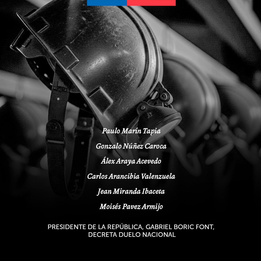 Presidente Gabriel Boric decreta tres días de duelo nacional este domingo 3, lunes 4 y martes 5 de agosto por el lamentable fallecimiento de los seis mineros en la División El Teniente.