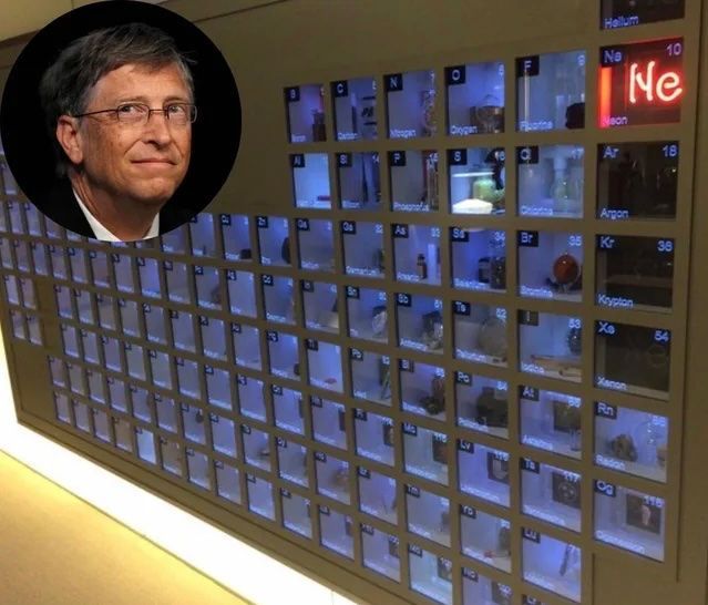 Bill Gates has a wall-mounted periodic table with samples of each element in his office