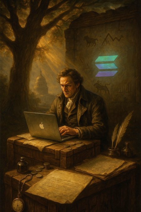 A historical figure working on a modern laptop with Solana logo in the background