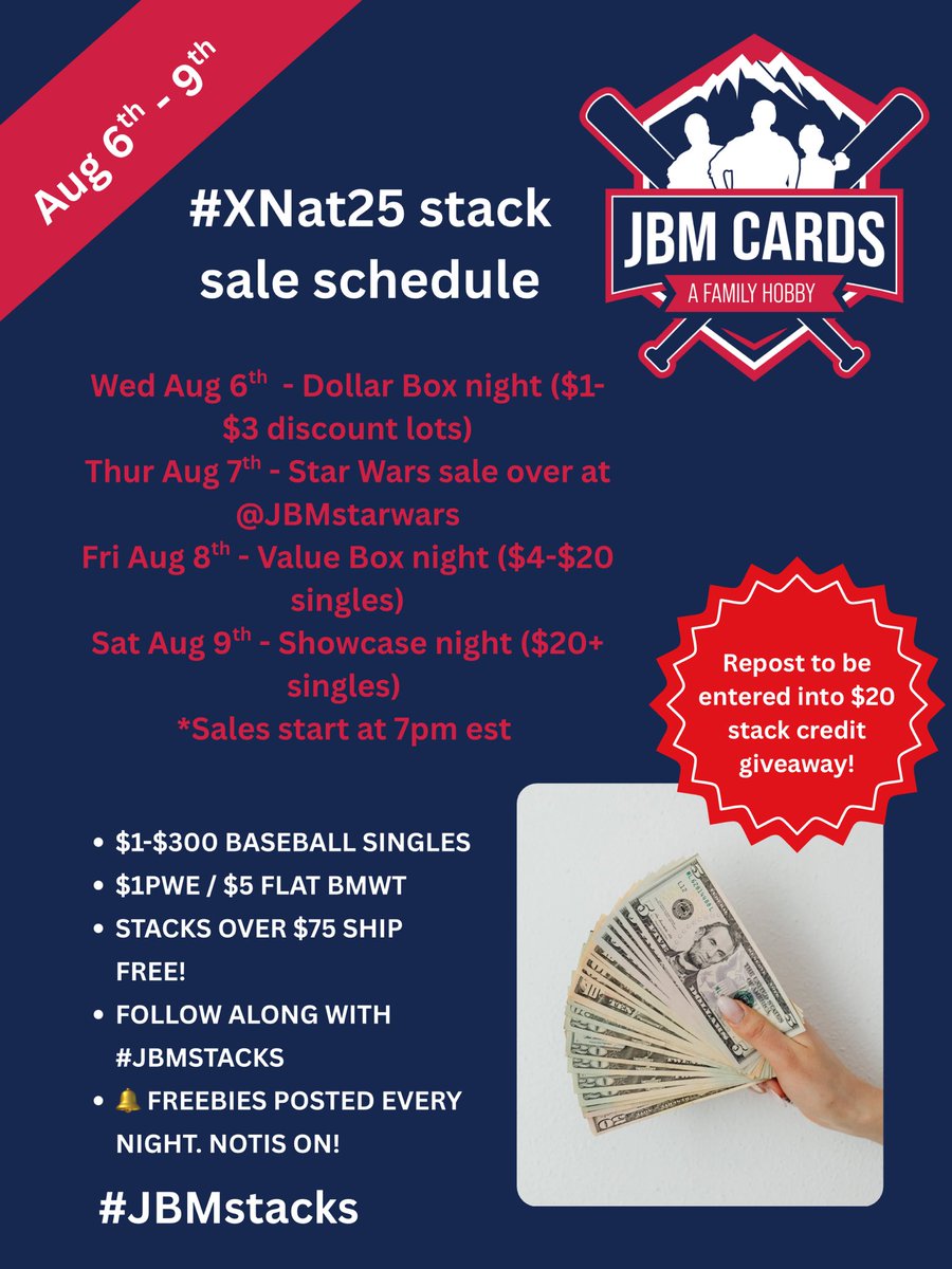 🚨#XNat25 x #JBMstacks 🚨

We’re back with lots of 🔥 for this months sale! 

🏷️Will run like a vendor table. Dollar box into value boxes into showcase cards. A little bit of something for everyone! 

👀 Preview Pics to come

💵 Repost for a chance at $20 stack credit!