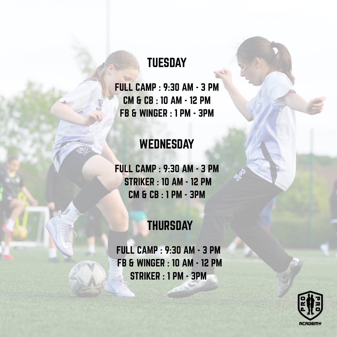 Pro2ProAcademy's tweet image. Summer camp dates and position specific sessions for the next 2 weeks ✍️

WEEK 2 : 5th, 6th, 7th
WEEK 3 : 12th, 13th, 14th

📍Harris Academy Falconwood 

Ages 5-17 and all abilities welcome!
Email us at pro2proacademy@gmail.com 💜