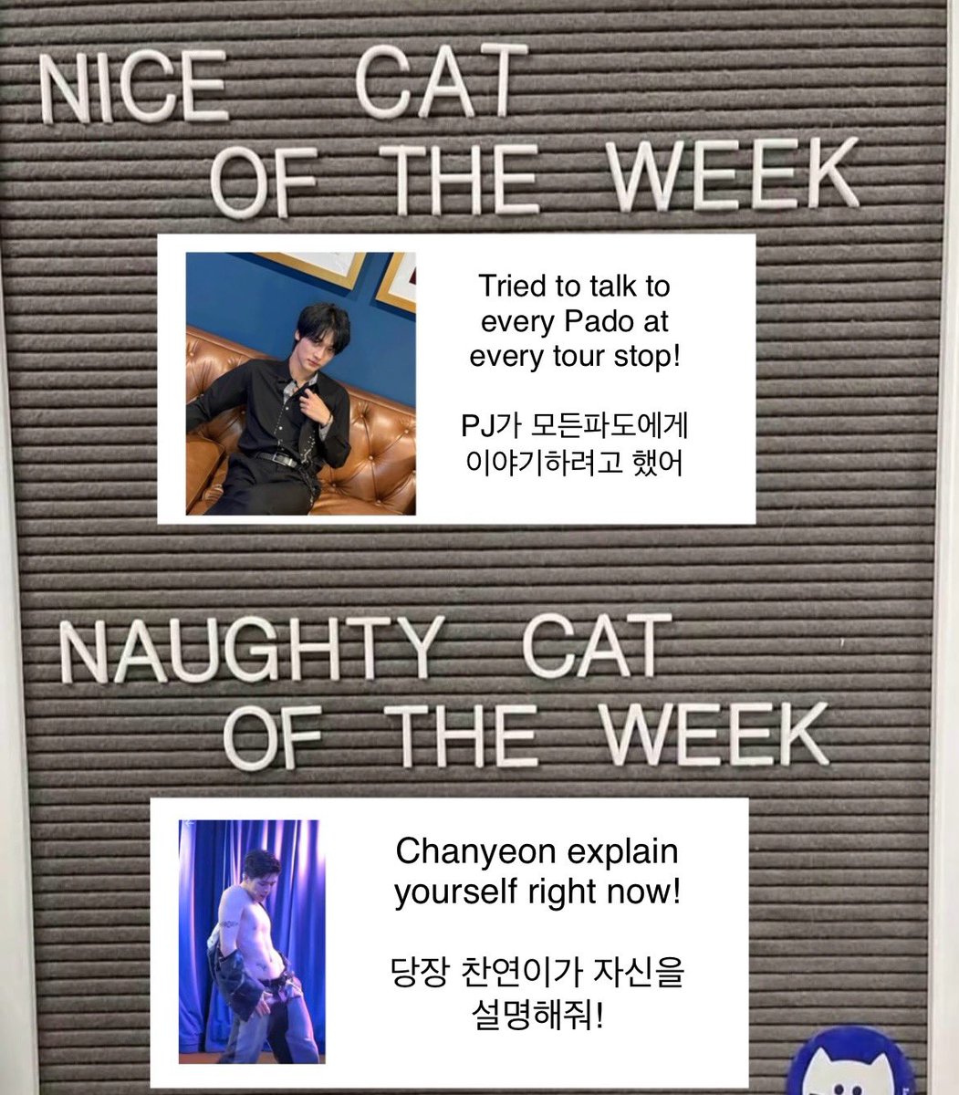 Now this week’s board was hard to decide on because every member of <a href="/Big_O_cean/">Big Ocean_official</a> has been acting UP on tour but… we had a clear naughtiest cat #BigOcean #빅오션 #Chanyeon #PJ #찬연 #피제이 #pado #kpop