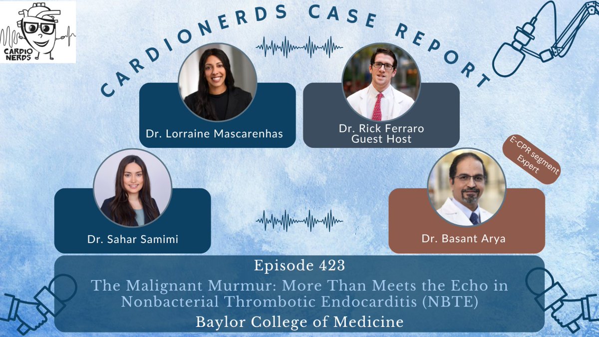 Daniel Ambinder, MD (@dr_danmd) on Twitter photo 🚨 New #CardioNerds episode! 🚨
Ep 423: The Malignant Murmur - More Than Meets the Echo in NBTE
<a href="/RichardAFerraro/">Richard Ferraro</a> joins <a href="/SaharSamimii/">Sahar Samimi, MD</a> & <a href="/Lorraine_Masc/">Lorraine Mascarenhas, DO</a> with expert commentary by Dr. Basant Arya from <a href="/BCMHeart/">BCM Cardiology</a>!
🎧 Listen now: cardionerds.com/423-case-repor… 🚨 New #CardioNerds episode! 🚨
Ep 423: The Malignant Murmur - More Than Meets the Echo in NBTE
<a href="/RichardAFerraro/">Richard Ferraro</a> joins <a href="/SaharSamimii/">Sahar Samimi, MD</a> & <a href="/Lorraine_Masc/">Lorraine Mascarenhas, DO</a> with expert commentary by Dr. Basant Arya from <a href="/BCMHeart/">BCM Cardiology</a>!
🎧 Listen now: cardionerds.com/423-case-repor…