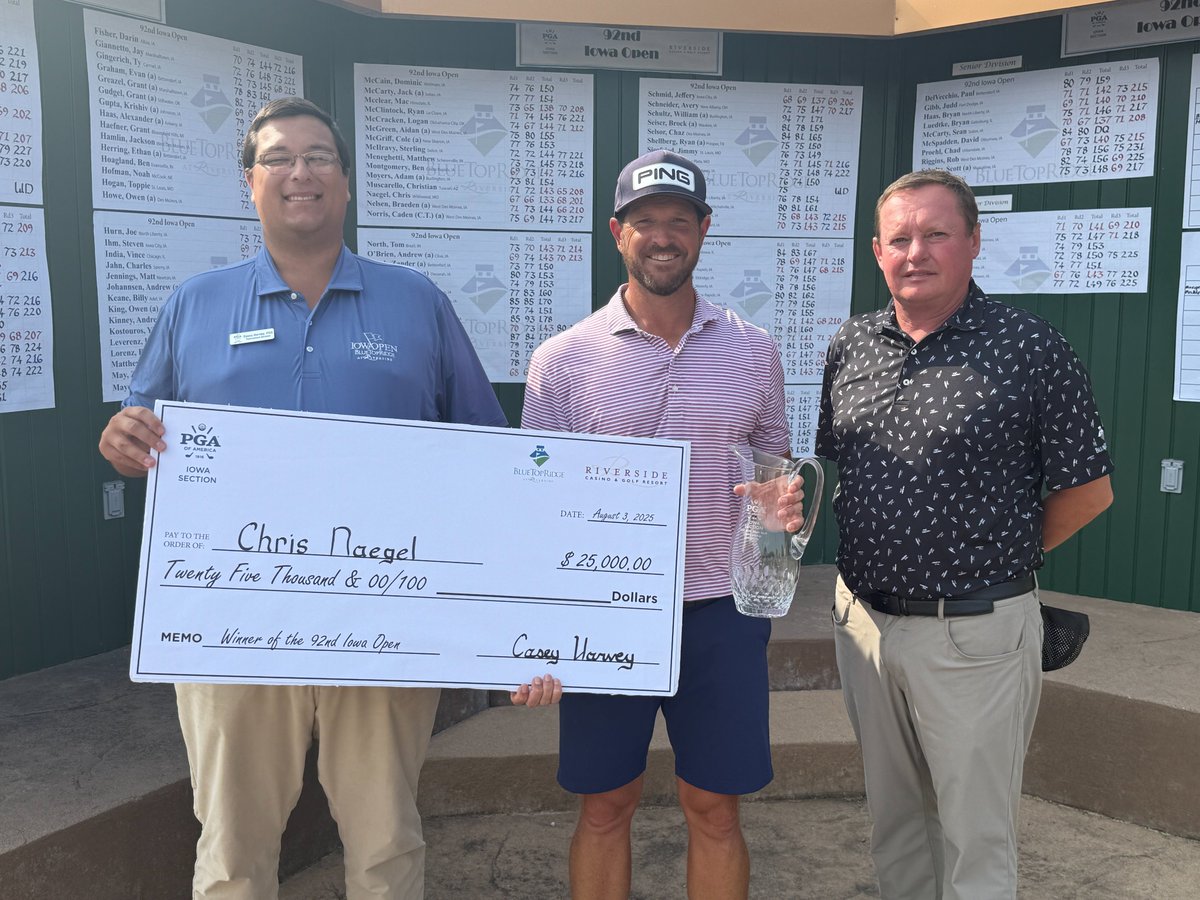 Iowa PGA Section (@iowapga) on Twitter photo .Naegel Wins 92nd Iowa Open at <a href="/bluetopridge/">bluetopridge</a> in Riverside. Congrats Naegel! Naegelās 3-day total 67-66-68=201, 15-under-par. This is Naegelās 2nd Iowa Open Win as he won back in 2020!!
Thank you to sponsor <a href="/RiversideCasino/">Riverside Casino & Golf Resort</a> for supporting the Iowa Open!
iowapga.com/naegel-wins-th⦠.Naegel Wins 92nd Iowa Open at <a href="/bluetopridge/">bluetopridge</a> in Riverside. Congrats Naegel! Naegelās 3-day total 67-66-68=201, 15-under-par. This is Naegelās 2nd Iowa Open Win as he won back in 2020!!
Thank you to sponsor <a href="/RiversideCasino/">Riverside Casino & Golf Resort</a> for supporting the Iowa Open!
iowapga.com/naegel-wins-thā¦