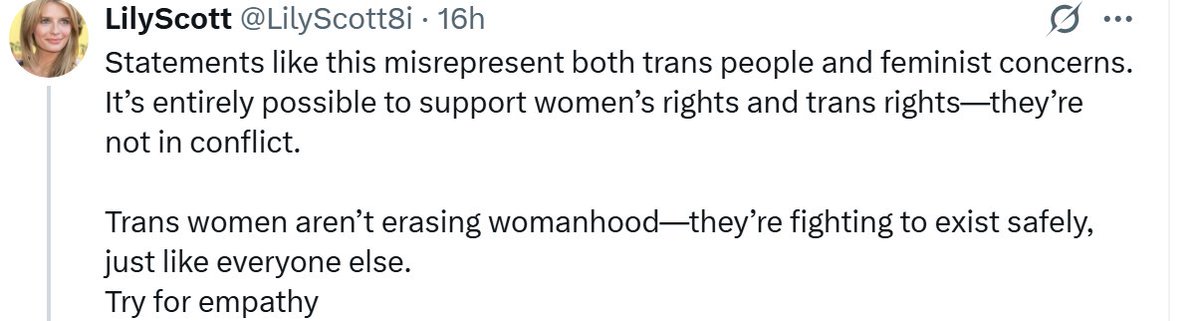 The inclusion of men in the class of women *necessarily* erases women as a sex class. Men having a right to use women's private spaces *necessarily* deprives women of the right to spaces without men. None of this is needed for TiMs "to exist safely." Try for coherent thinking.