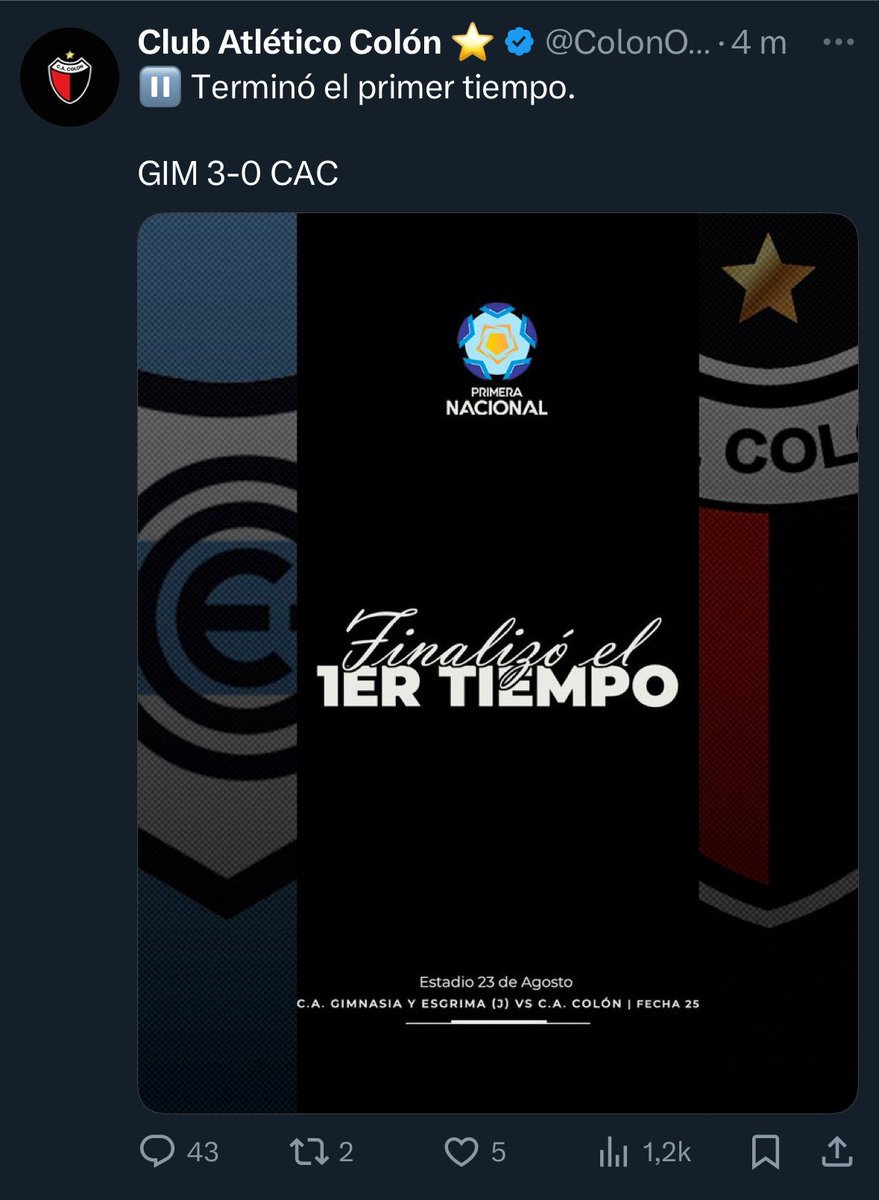 ❗️GRAN PRIMER TIEMPO DEL SA🅱️ALERO: 0-3 EN JUJUY

👉El equipo de Santa Fe, que descendió para NUNCA MÁS VOLVER, cae por goleada 🆚 Gimnasia (J) en sólo 45’

🎂Los delanteros de Colón, Gigliotti y el “Pulga” Rodríguez, suman la misma cantidad de años  que la “Chilindrina”: 7️⃣8️⃣