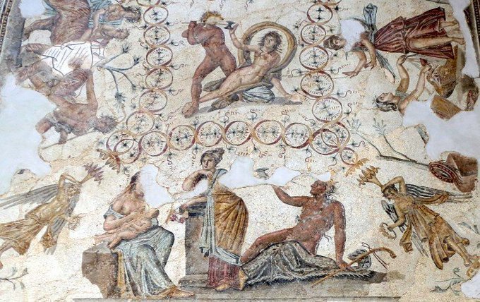 RPH969's tweet photo. Floor mosaic from the ancient city of Cuicul (Djemila), Algeria; the central scene shows Ambrosia, a nymph, who is about to be metamorphosed while King Lycurgus slays her with an axe; on display at the Archaeological Museum of Djemila, Algeria. 

#Algeria #Numidia #MosaicMonday https://t.co/MEB40n9Umd