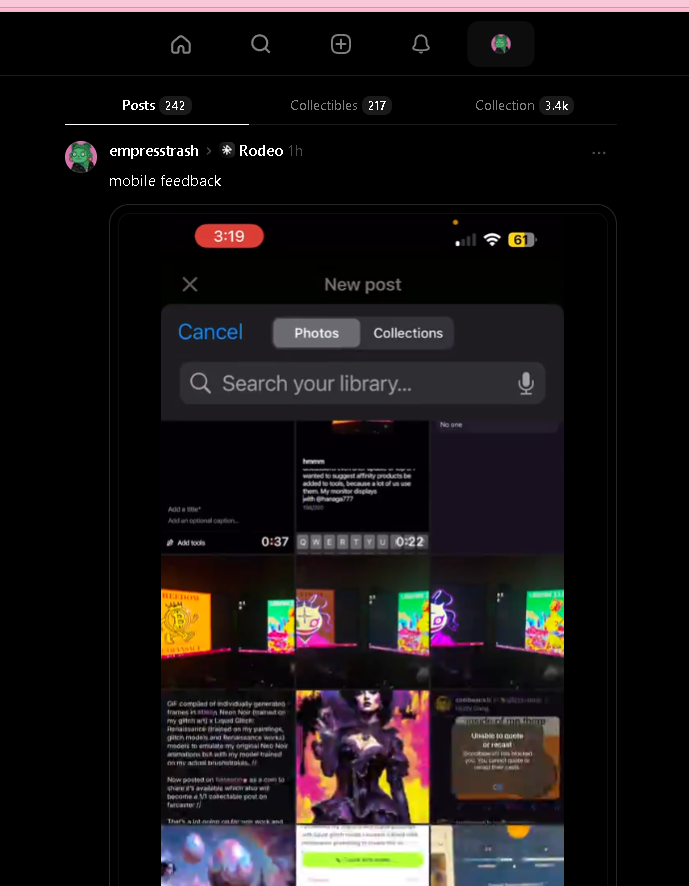 i've been giving a metric ton of feedback to <a href="/rodeodotclub/">Rodeo</a> and the team decided this week to start a rodeo channel so all feedback, criticisms, compliments, concerns, ideas, etc that are needed to build a complex thriving system that caters to a diverse artist set is discussed