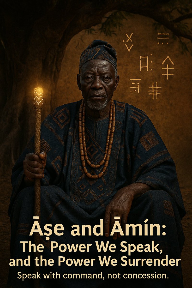 Awujo01's tweet image. Àṣẹ and Àmín: The Power We Speak, and the Power We Surrender

“Àṣẹ and Àmín are not twins. One creates, the other concedes. One speaks from within, the other responds from without.”

🔶 #Etymological Foundations

We begin from the root, for anything with no root is already…