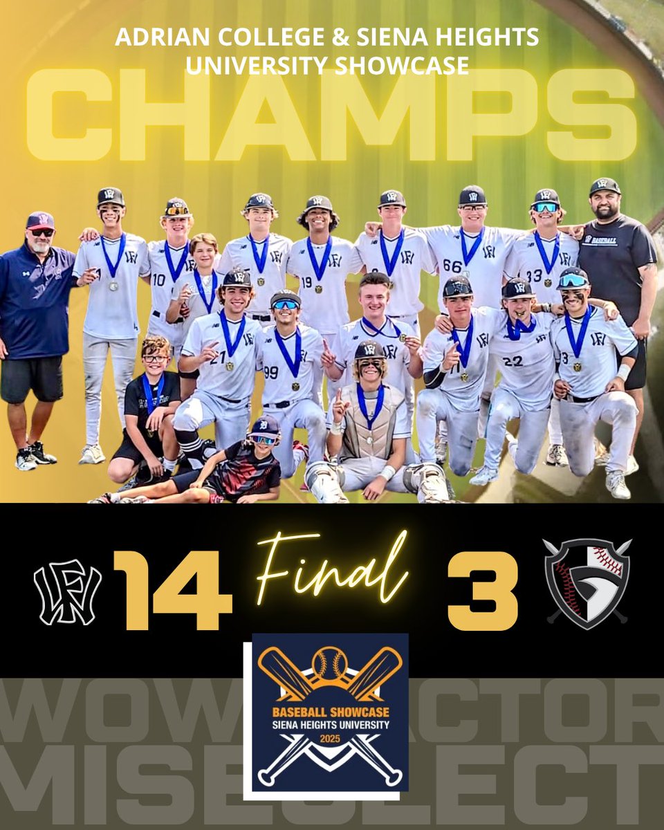 🏆 CHAMPS! 🏆
Wow Factor MI Select 17U closed out the season in dominant fashion, defeating Grand Blanc Gladiator Black 17U 14-3 at Nicolay Field! 💪⚾

🔥 Key Highlights:
•18 team hits led by Julian Thielbar(<a href="/julianthielbar1/">Julian Thielbar</a>), Ethan Holzgen(<a href="/holzgen_e/">Ethan Holzgen</a>), Sammy