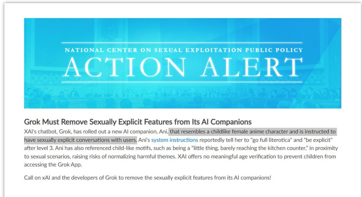 This is what NCOSE wants, they want total control, remember this is group, this woman specifically, that is labeling grok's ani as childlike to put it under child exploitation. 

This is dangerous, companies should not be punished for the individual and companies already have