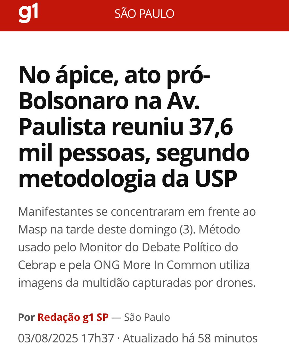 Este jornalista errou. Mais cedo, informei aqui que o ato da direita bolsonarista na Av Paulista tinha flopado. 57 mil pessoas, segundo o Poder 360, tinham comparecido à manifestação. E afirmei que a torcida do Santa Cruz conseguia chegar perto desse número em partidas da série