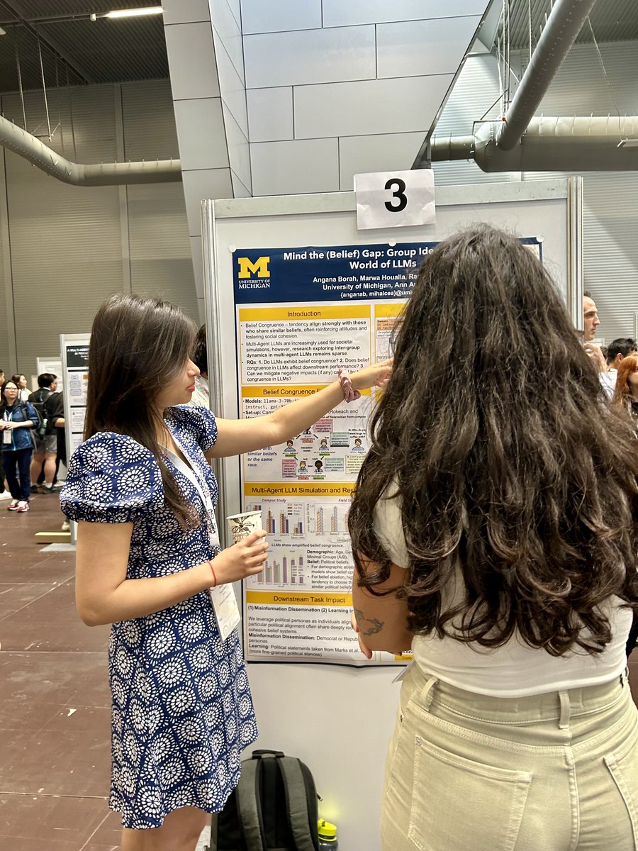 Angana Borah (@anganaborah2) on Twitter photo I had an incredible experience at #ACL2025NLP in Vienna ๐ฆ๐น!
Some highlights ๐ซ:
1. We presented โMind the (Belief) Gap: Group Identity in the World of LLMsโ at the Findings poster session: aclanthology.org/2025.findings-โฆ Huge thanks to my collaborators Marwa Houlla and <a href="/radamihalcea/">Rada Mihalcea</a> ๐ค I had an incredible experience at #ACL2025NLP in Vienna ๐ฆ๐น!
Some highlights ๐ซ:
1. We presented โMind the (Belief) Gap: Group Identity in the World of LLMsโ at the Findings poster session: aclanthology.org/2025.findings-โฆ Huge thanks to my collaborators Marwa Houlla and <a href="/radamihalcea/">Rada Mihalcea</a> ๐ค