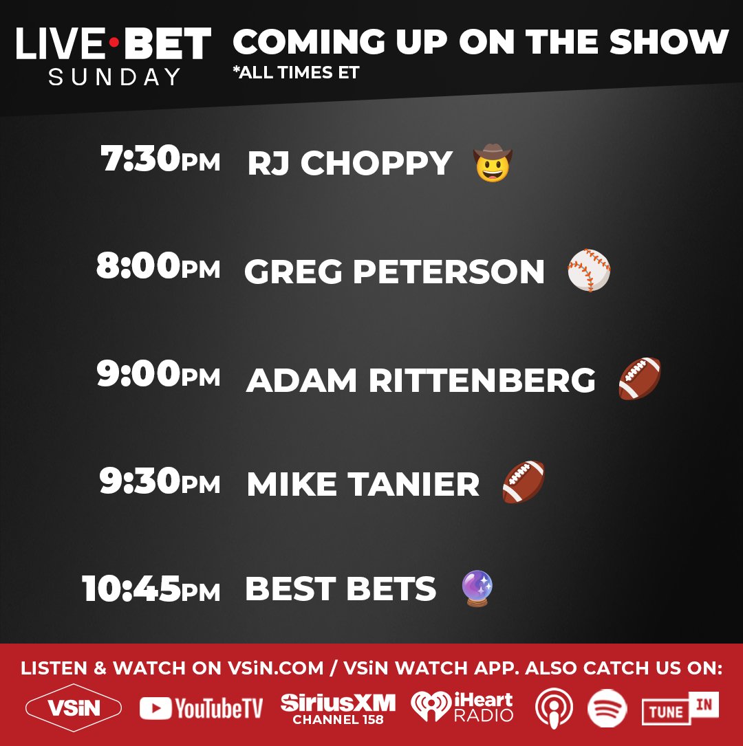 VSiN (@vsinlive) on Twitter photo Live Bet Saturday continues 7-11ET! <a href="/ScottsOnAir/">Scott Seidenberg</a> has you covered on the MLB slate, NFL Training Camp, college football futures and more. Joining: <a href="/rjchoppy/">RJ Choppy</a>, VSiN's <a href="/GUnit_81/">Greg Peterson</a>, <a href="/ESPNRittenberg/">Adam Rittenberg</a> & <a href="/MikeTanier/">Mike Tanier</a>.
Join us: vsin.com/watch Live Bet Saturday continues 7-11ET! <a href="/ScottsOnAir/">Scott Seidenberg</a> has you covered on the MLB slate, NFL Training Camp, college football futures and more. Joining: <a href="/rjchoppy/">RJ Choppy</a>, VSiN's <a href="/GUnit_81/">Greg Peterson</a>, <a href="/ESPNRittenberg/">Adam Rittenberg</a> & <a href="/MikeTanier/">Mike Tanier</a>.
Join us: vsin.com/watch