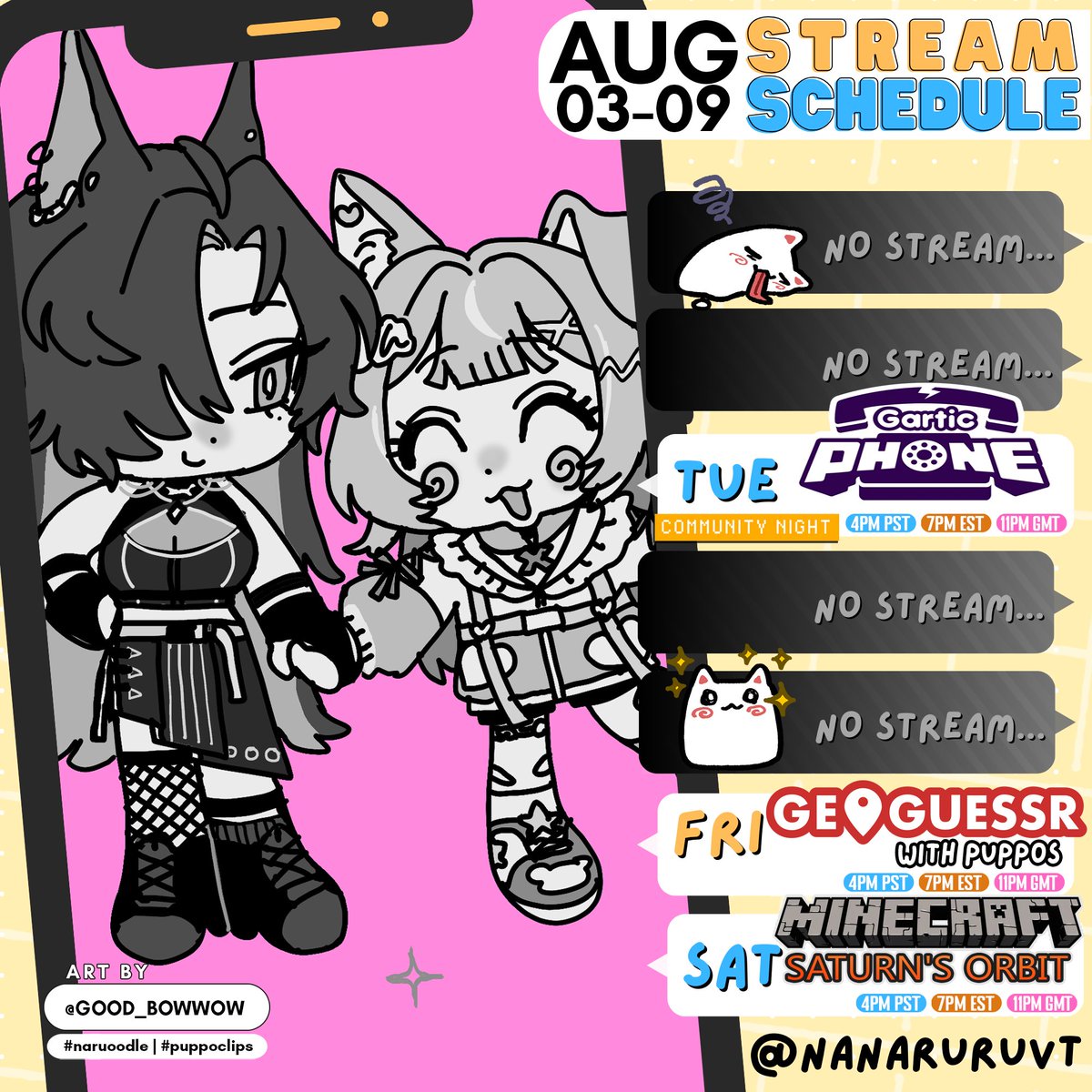 NanaruruVT's tweet image. ⋆⁺₊🐶📡WEEKLY SCHEDULE【08/03→ 08/09】

WAHOO! Going back to spACE after a lot of fun with Puppos this week!
------------------------------------------
🎥#puppoclips
✏️#naruoodle
🔞#puppo34
🐶🐶#nanaruruvt