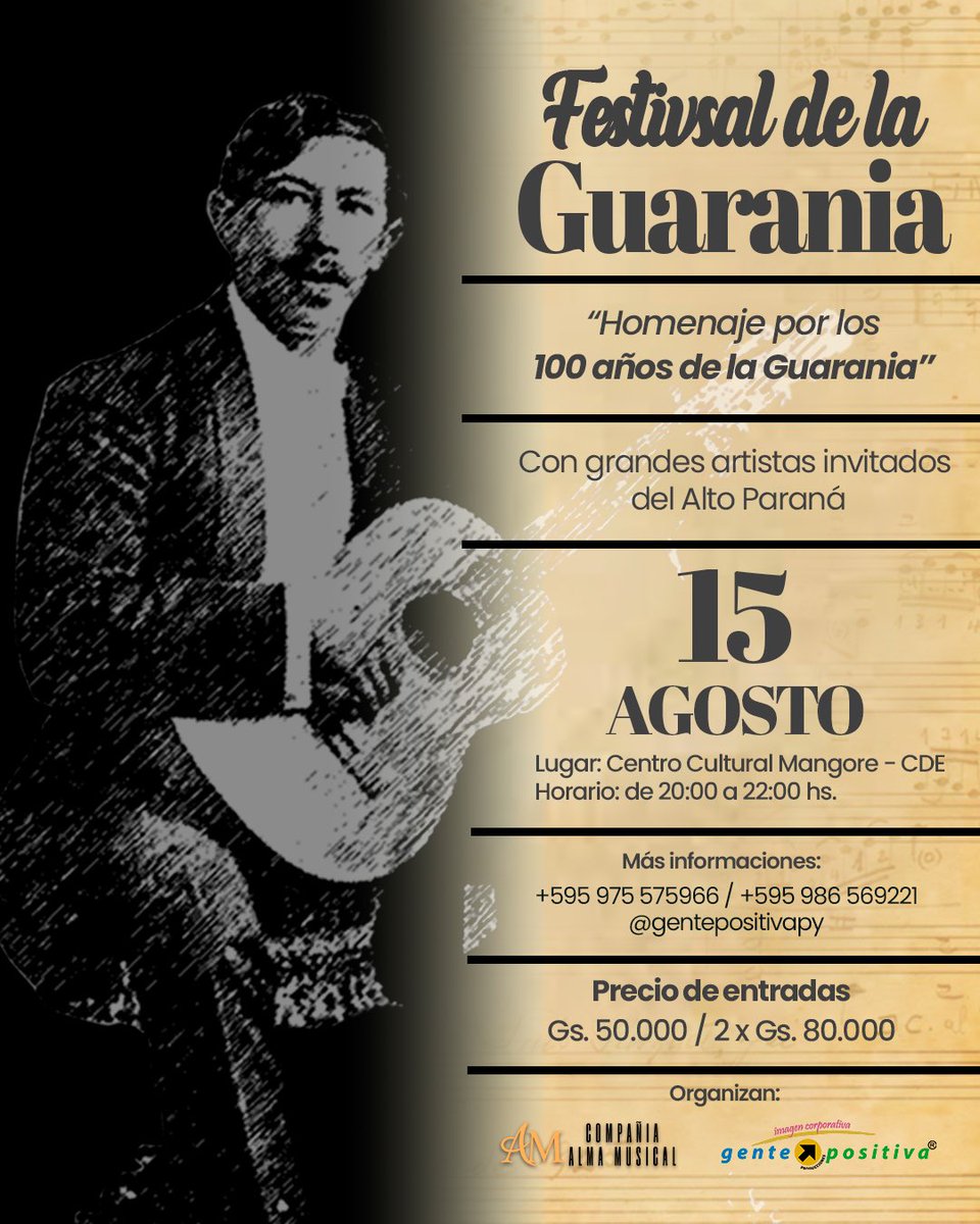 El sábado 15 de agosto conmemoramos los 100 años de la Guarania con un concierto con músicos talentosos del Alto Paraná, desde las 20:00, en el Centro Cultural “Mangore” de Ciudad del Este.
Info al: Lic. Lilian Esther Marecos +595 986 569221 
Prof. Gloria Piñánez +595 975 575966
