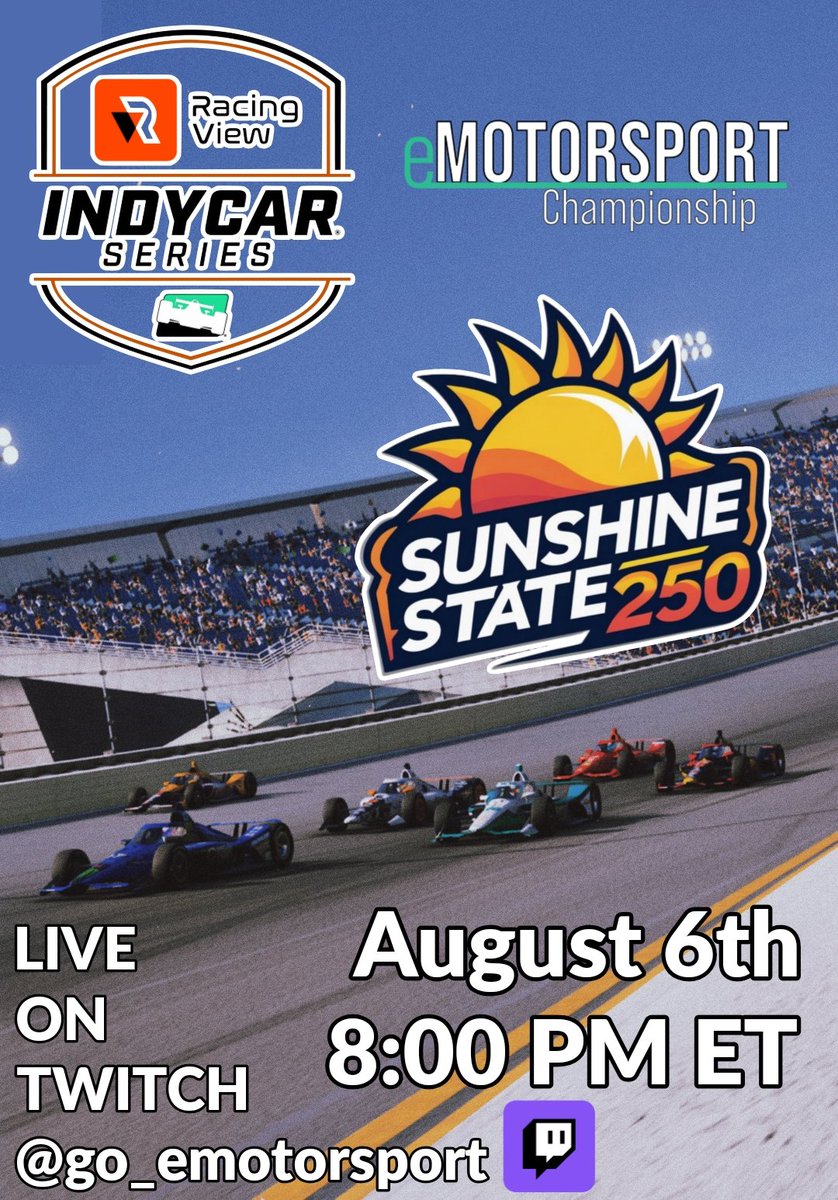 eMotorsport Championship (@go_emotorsport) on Twitter photo THIS IS NOT A DRILL🚨🚨 WEVE GOT OVAL RACING ON TAP!🔥 Round 3 of the <a href="/RacingViewApp/">Racing View</a> takes us to Sunset Peninsula for the Sunshine State 250! 103 laps of 240+ mph pack racing is sure to have the drivers and viewers on edge. Tune in LIVE on Twitch, Wednesday night to catch it all! THIS IS NOT A DRILL🚨🚨 WEVE GOT OVAL RACING ON TAP!🔥 Round 3 of the <a href="/RacingViewApp/">Racing View</a> takes us to Sunset Peninsula for the Sunshine State 250! 103 laps of 240+ mph pack racing is sure to have the drivers and viewers on edge. Tune in LIVE on Twitch, Wednesday night to catch it all!