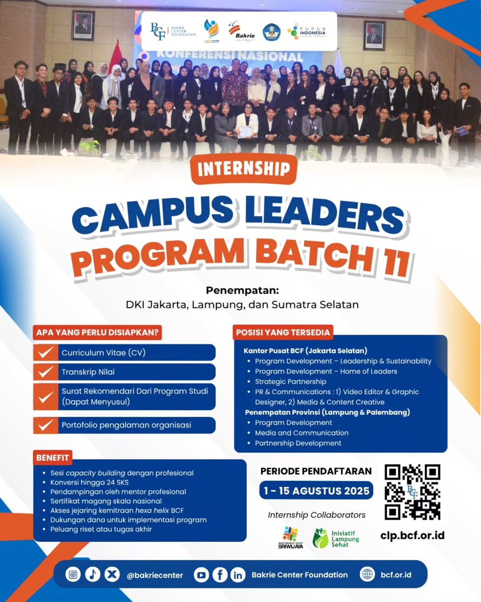 Pendaftaran Magang Campus Leaders Program batch 11 telah dibuka!
Bagi kamu mahasiswa minimal semester 5 yang berdomisili di Jakarta, Lampung, dan
Sumatra Selatan, ini saatnya kamu jadi pemuda penggerak perubahan melalui magang
Campus Leaders Program batch 11.

Apa saja yang akan