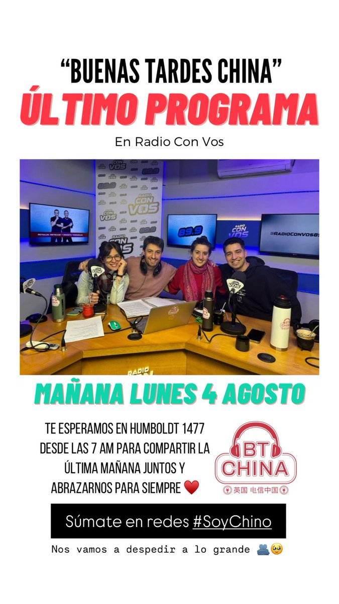 Mañana último programa de Buenas Tardes China en <a href="/radioconvos899/">Radio Con Vos 89.9</a> 

Una despedida a lo grande con toda la comunidad.

#soychino