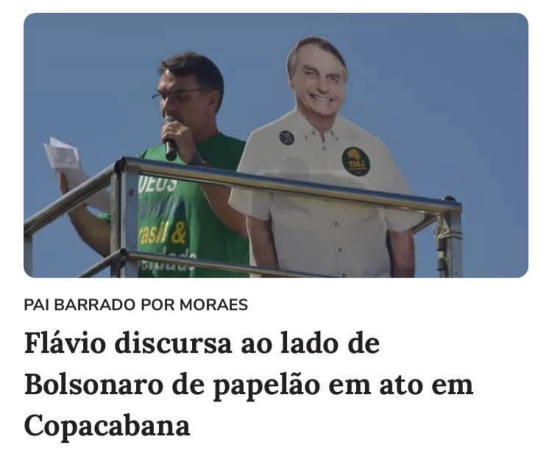 Flavinho discursou ao lado do Bolsonaro de papelão. Ou seja: papelão do lado de papelão, fazendo um papelão. Falta só o recibo da vergonha carimbado em 3 vias.
Oh glória 😂😂😂👏👏🙏🏼