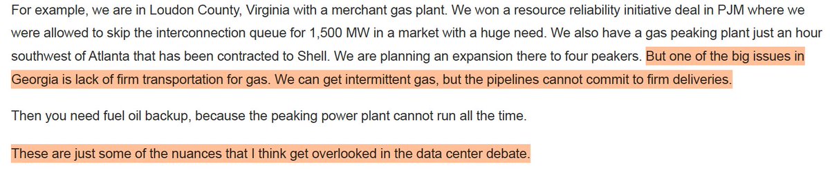 Very interesting comments here by developers on gas turbine, transformer lead times + other constraints on new capacity

Consistent theme that gas turbines are almost over discussed and labor + fuel can be huge constraints.

- GE F class gas turbines (~450 MW each) available for