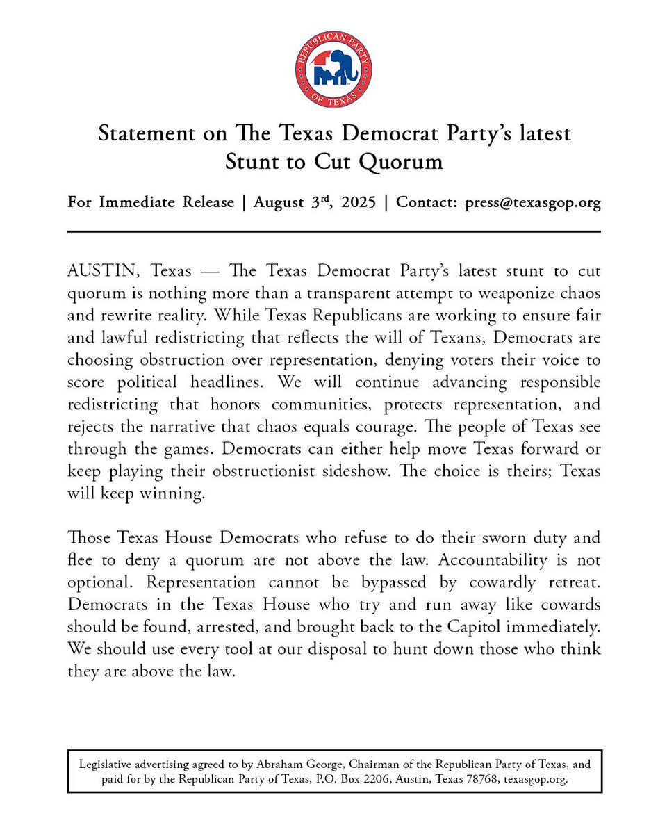 TexasGOP's tweet image. Statement on the Texas Democrat Party’s latest Stunt to Cut Quorum