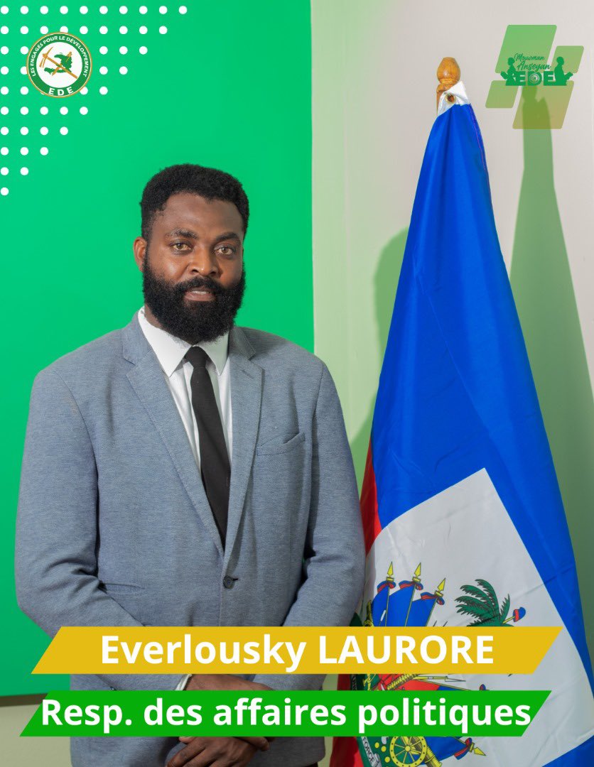 Les Engagés pour le Développement EDE (@edehaiti2021) on Twitter photo Nous avons l’honneur de vous présenter Monsieur Everlousky Laurore, responsable des affaires politiques au sein de la Coordination Nationale du Mouvman Anseyan EDE (<a href="/anseyan_ede/">Mouvman Anseyan EDE</a>). Nous avons l’honneur de vous présenter Monsieur Everlousky Laurore, responsable des affaires politiques au sein de la Coordination Nationale du Mouvman Anseyan EDE (<a href="/anseyan_ede/">Mouvman Anseyan EDE</a>).