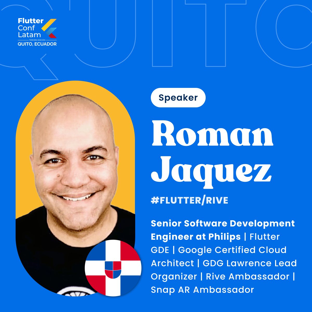 FlutterConfLAT's tweet image. Speaker confirmed! 🎉🥳
With almost 20 years of experience in the technological world, Roman Jaquez will be enjoying the Latin rhythms of Ecuador 🇪🇨
Get your regular ticket and meet him! 👇
flutterconflatam.dev

#flutterconflatam25 #FCL25 #FlutterConfLATAM  #flutter #speaker