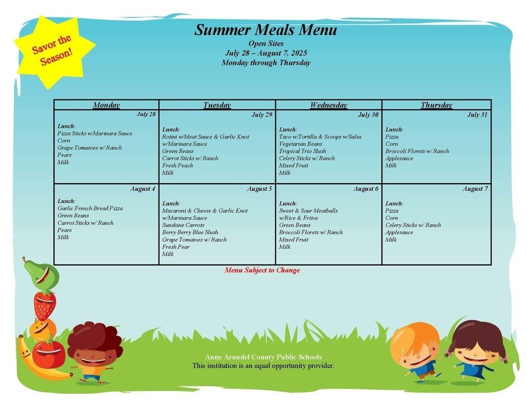 Anne Arundel County Public Schools' summer meals! 
Please go to aacps.org/summermeals for details. 
#BelongGrowSucceed #AACPSFamily