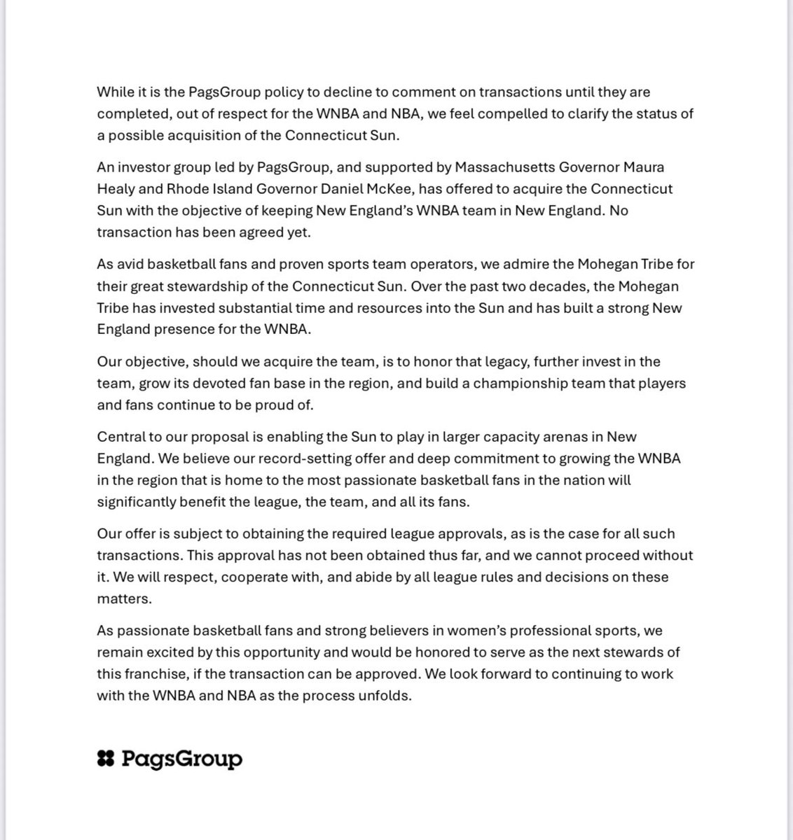 Here’s an important update on our possible acquisition of the Connecticut Sun.