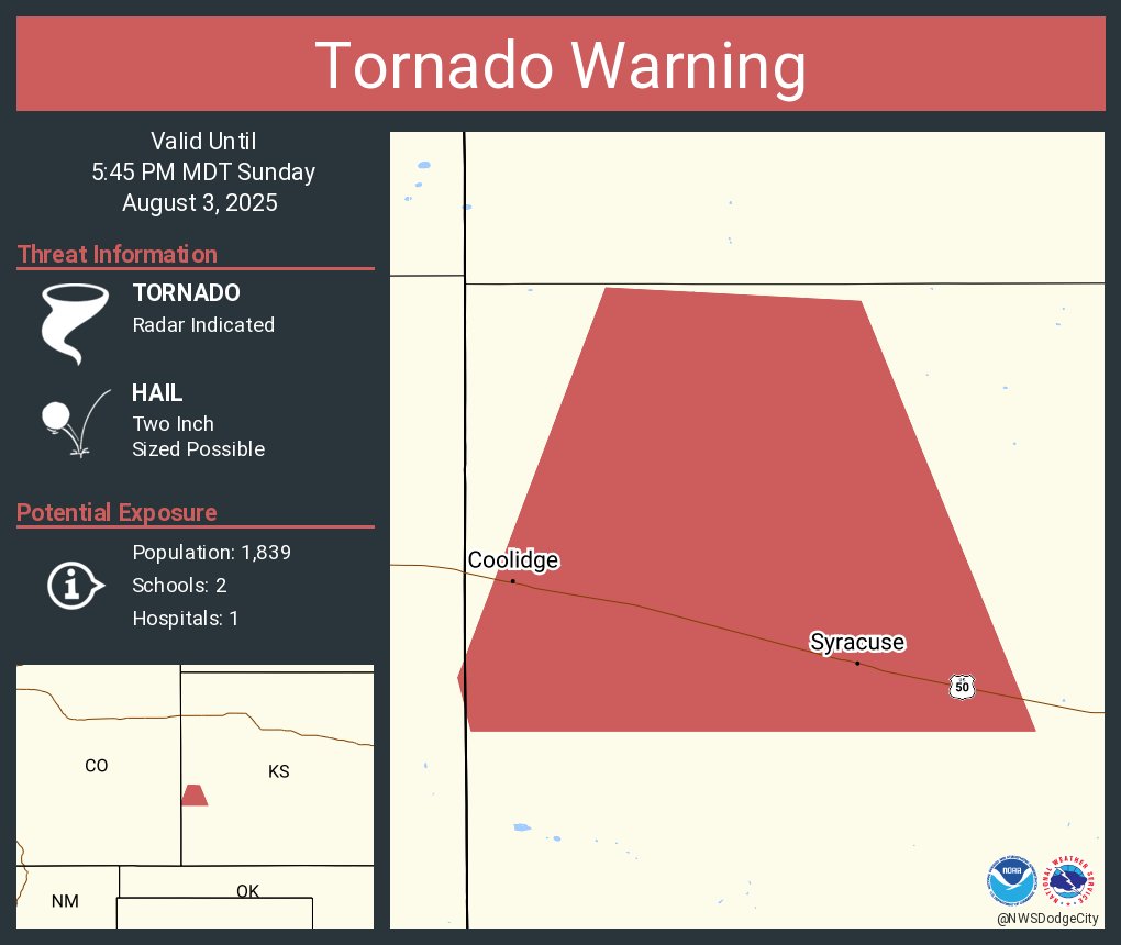 Tornado Warning including Syracuse KS and  Coolidge KS until 5:45 PM MDT