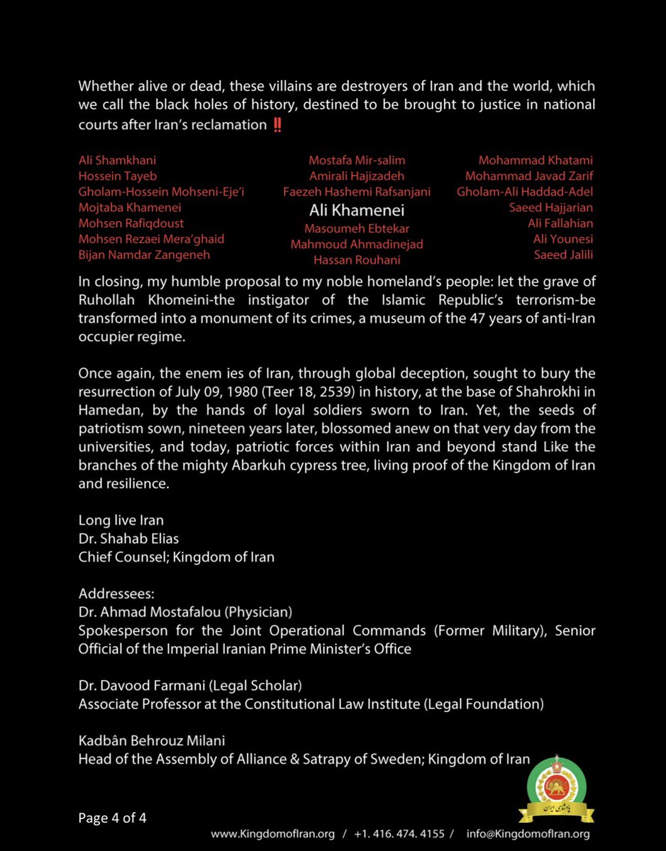 Dr. Shahab Elias | دکتر شهاب الیاس (@dreliasofficial) on Twitter photo Dr. Shahab Elias
Chief Counsel; Kingdom of Iran
Ali Khamenei, the time Amr ibn al-As, has raised Iran upon the spears‼️
To:
International Criminal Court; The Hague, Netherlands
The International Criminal Police Organization; INTERPOL
<a href="/khamenei_ir/">Khamenei.ir</a>
<a href="/Khamenei_fa/">KHAMENEI.IR | فارسی 🇮🇷</a>
A Discourse: Dr. Shahab Elias
Chief Counsel; Kingdom of Iran
Ali Khamenei, the time Amr ibn al-As, has raised Iran upon the spears‼️
To:
International Criminal Court; The Hague, Netherlands
The International Criminal Police Organization; INTERPOL
<a href="/khamenei_ir/">Khamenei.ir</a>
<a href="/Khamenei_fa/">KHAMENEI.IR | فارسی 🇮🇷</a>
A Discourse: