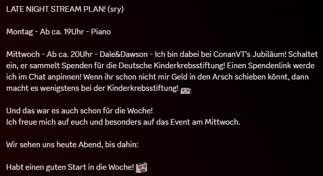 Aregion (@aregionofdoom) on Twitter photo Ello! Hier der dieswöchige Streamplan!
Montag Abend Klavier und Mittwoch Abend bin ich beim Lieben <a href="/ConanVT1/">ConanVT || Jubiläum am 05.08 um 16uhr</a> mit vielen anderen dabei ein wenig im Büro Arbeitszeitbetrug zu begehen. Dabei sammelt der liebe Conan Geld für die deutsche Kinderkrebsstiftung! Schaltet doch bitte rein! Ello! Hier der dieswöchige Streamplan!
Montag Abend Klavier und Mittwoch Abend bin ich beim Lieben <a href="/ConanVT1/">ConanVT || Jubiläum am 05.08 um 16uhr</a> mit vielen anderen dabei ein wenig im Büro Arbeitszeitbetrug zu begehen. Dabei sammelt der liebe Conan Geld für die deutsche Kinderkrebsstiftung! Schaltet doch bitte rein!