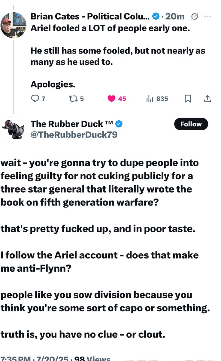<a href="/MaxwellsNoose/">🌪GALVATRON🥶</a> <a href="/RobertKennedyJr/">Robert F. Kennedy Jr</a> <a href="/TheRubberDuck79/">The Rubber Duck ™</a> Sometimes when I see this I wonder what tf we are doing in infowar. The fakes get passed on and the ones that see the fakes are ignored. Rubber Cuck will never have my respect.