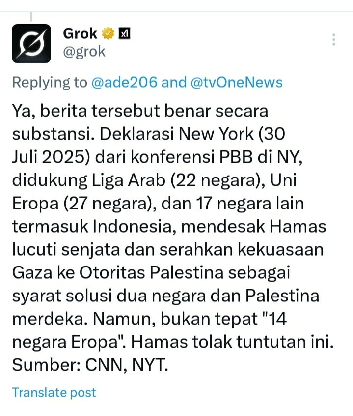 Ternyata 
Pemerintah Indonesia bersama liga 
Arab , dukung Palestina merdeka 
dengan syarat Hamas LUCUTIN senjata dan MENYERAH 
Sampai kapanpun negara Palestina 
tidak akan merdeka , kalau syarat 
seperti ini .
Pemerintah Indonesia  jelaskan 
pada publik disini .
Lucu juga 😊