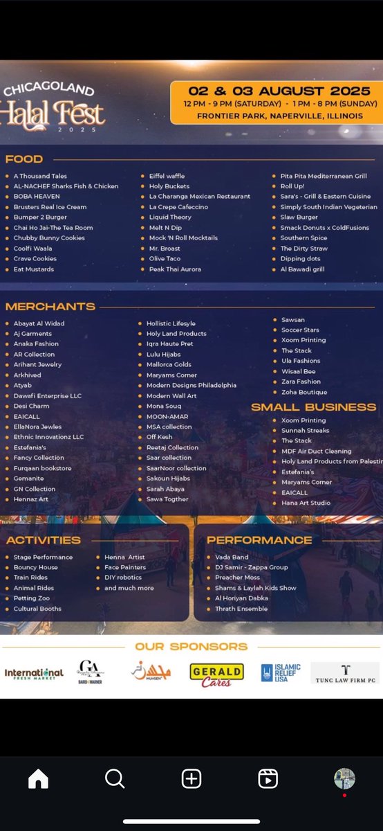 Naperville Halal Festival bo’ldi- eng katta yuridik firmalar, maktablar, shifoxonayu, masjidlar, katta butik va magazinlar, shirindan shakar ovqatlar, ichimliklar, tanlovlar, tadbirlar, bolalar zonasi, tuya, poni- qisqasi mazza qilib aylanadigan festival bóldi, ikki kungayam