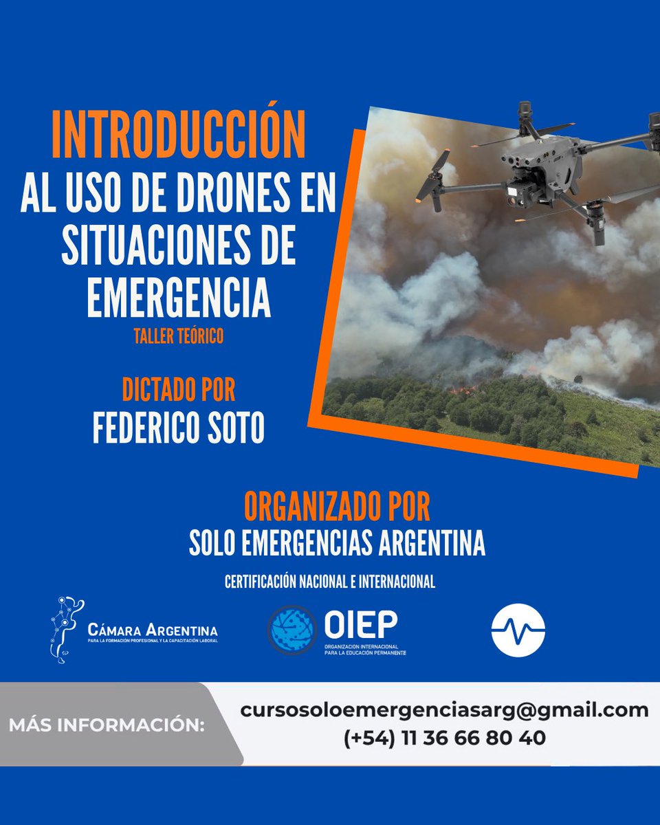 Voy a estar dando este curso sobre "Introducción al uso de drones en situaciones de emergencias".

Este taller abordará los conceptos fundamentales para el uso seguro y eficiente de drones. 

Cuando? 
📅 Fechas: 14, y 21 de AGOSTO
Inscripción: forms.gle/zFKgKKdCUQKGVc…
