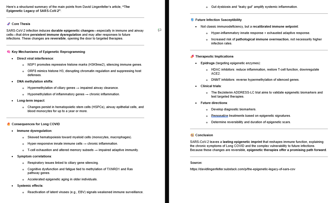 SARS-CoV-2 infection induces durable epigenetic changes—especially in immune and airway cells—that drive persistent immune dysregulation and may alter responses to future infections.

These changes are reversible, opening the door to targeted therapies.
davidlingenfelter.substack.com/p/the-epigenet…