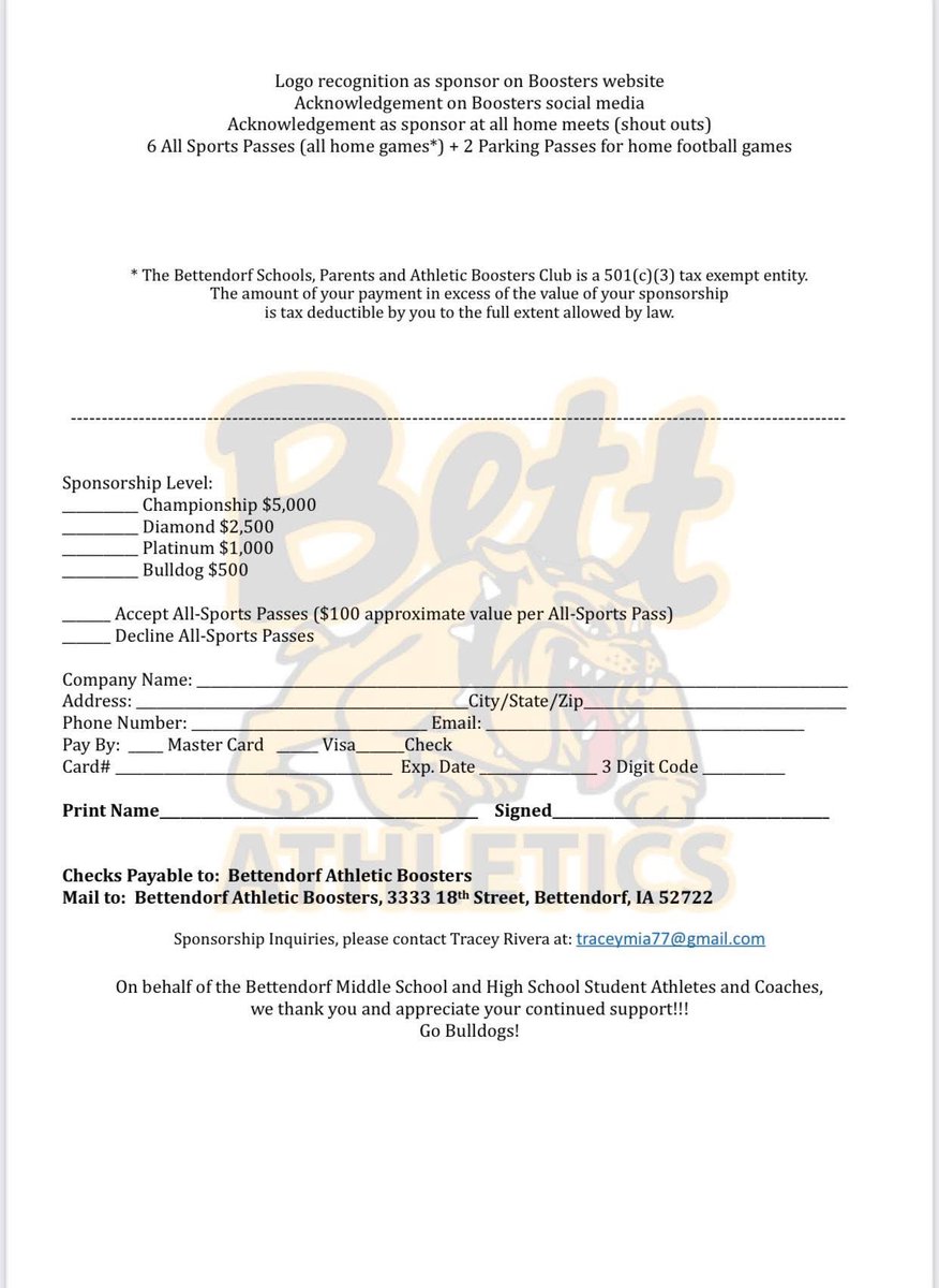 Bett Booster Club (@bettboosters) on Twitter photo 2025-26 Athletic Booster Club sponsorship opportunities!
Deadline: Aug 8 for full-season recognition. Or interested in the other options:
-Host food trucks at events
-Supplying meals for athletes, coaches
-Promo giveaways to fans
Contact Tracey Rivera: traceymia77@gmail.com 2025-26 Athletic Booster Club sponsorship opportunities!
Deadline: Aug 8 for full-season recognition. Or interested in the other options:
-Host food trucks at events
-Supplying meals for athletes, coaches
-Promo giveaways to fans
Contact Tracey Rivera: traceymia77@gmail.com