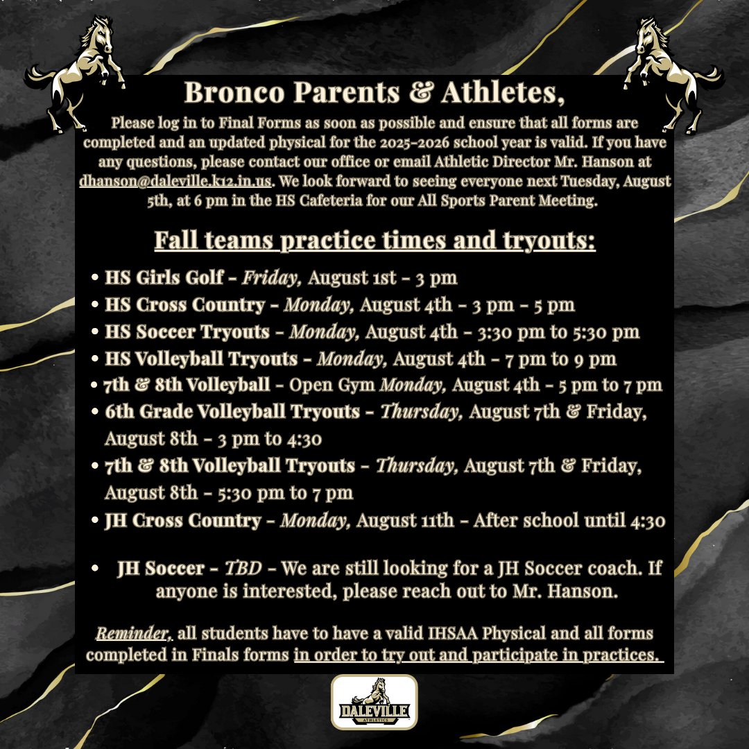 Exciting Week Broncos! Girls Golf started this past Friday - HS Volleyball, HS Soccer, and HS Cross Country all begin tomorrow! Be sure your Final Forms are complete and ready for tryouts! Always a Great Day to be a Bronco! #GoBroncos