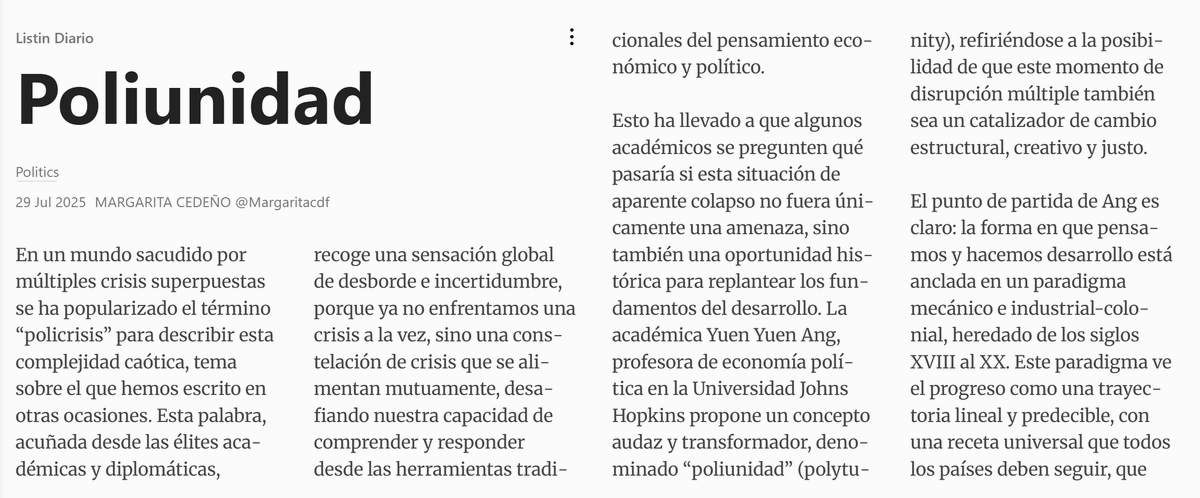 yuenyuenang's tweet photo. I’ve been off X but briefly back to share something 🤩
@Margaritacdf's powerful editorial responding to my @UNDP report on “From Polycrisis to #Polytunity”
She coined a Spanish word for it: #poliunidad
Her reflections on Latin America’s path forward resonate far beyond—across the Global Majority
Grateful and humbled
https://t.co/n44fTZyBMT