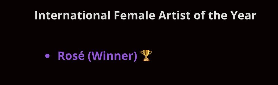 ROSÉ wins International Female Artist of the Year at the SEC Awards 2025!

Yes! Congratulations #ROSÉ and RGU Voting Team, NumberOnes and to all her fans who supported her all the way.