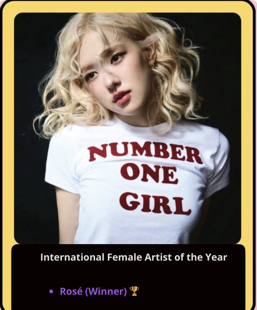 ROSÉ has officially won International Female Artist of the Year at the SEC Awards 2025!

Huge congratulations to #ROSÉ and a big thank you to NumberOnes and to all who voted tirelessly to make this happen!