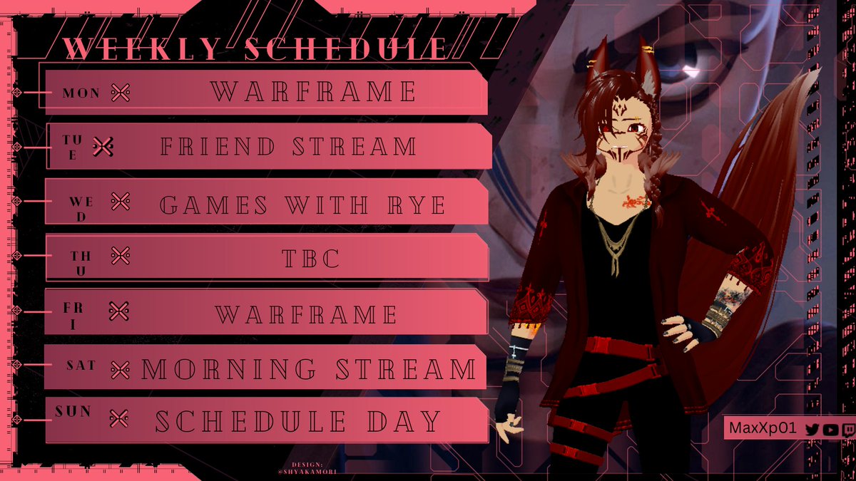 HI hi here is this weeks schedule Friday and Saturday are gonna be early streams as i work nights both those days. i will be streaming maybe an hour after I get home from work monday then doing 12 hour streams the rest of the week besides work days. #ENVtuber #twitchstreamer