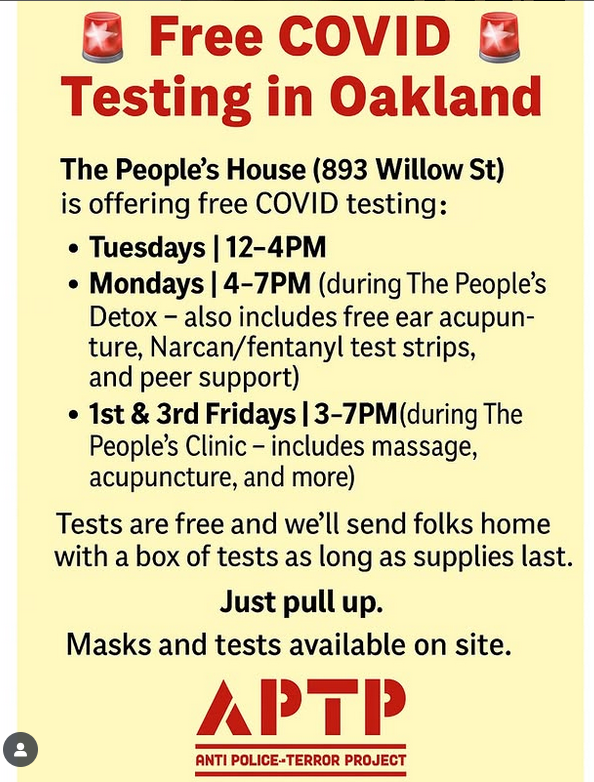 CovidSaferSF's tweet image. (Oakland) Free Covid testing at @APTPaction  Mondays, 4-7 p.m.; Tuesdays, 12-4 p.m.; 1st &amp;amp; 3rd Fridays, 3-7 p.m. From their IG post: &quot;Tests are free, and folks will go home with a box of tests (while  supplies last). Masks [also] available on site.&quot;More: instagram.com/p/DMxyDaTRaRC/