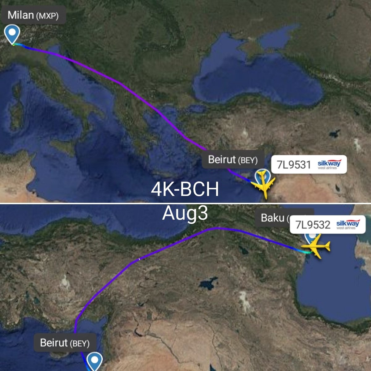 LebanonJets's tweet photo. 5 down 4 to go- follower video taken Sunday Aug3 747 #4KBCH @silkwaywest into Beirut from Milan as #7L9531 then onto Baku as #7L9532 https://t.co/78pSS7YfQP