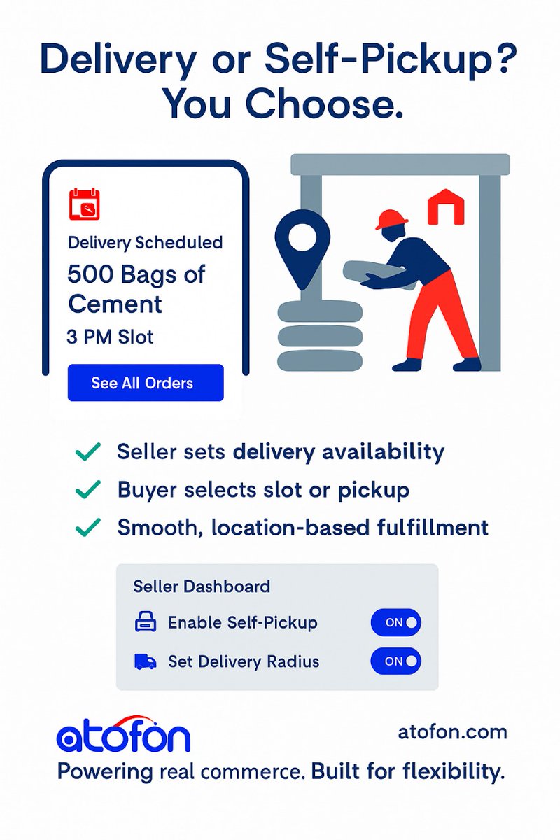 Karthikriz's tweet photo. ๐ฆ Delivery or Self-Pickup?
At ATOFON, the buyer chooses โ and the seller controls availability.
โ๏ธ Offer slotted delivery
โ๏ธ Enable local self-pickup
โ๏ธ Set your own service radius
It's not just flexible. It's fair for everyone.
๐ https://t.co/vRktDOfSkF
#ATOFON #DeliveryOptions #SelfPickup #ConstructionSupplies #B2BPlatform #SMEIndia #DigitalFlexibility #InfraCommerce #LogisticsChoice #SellerFriendly #OfflineToOnline