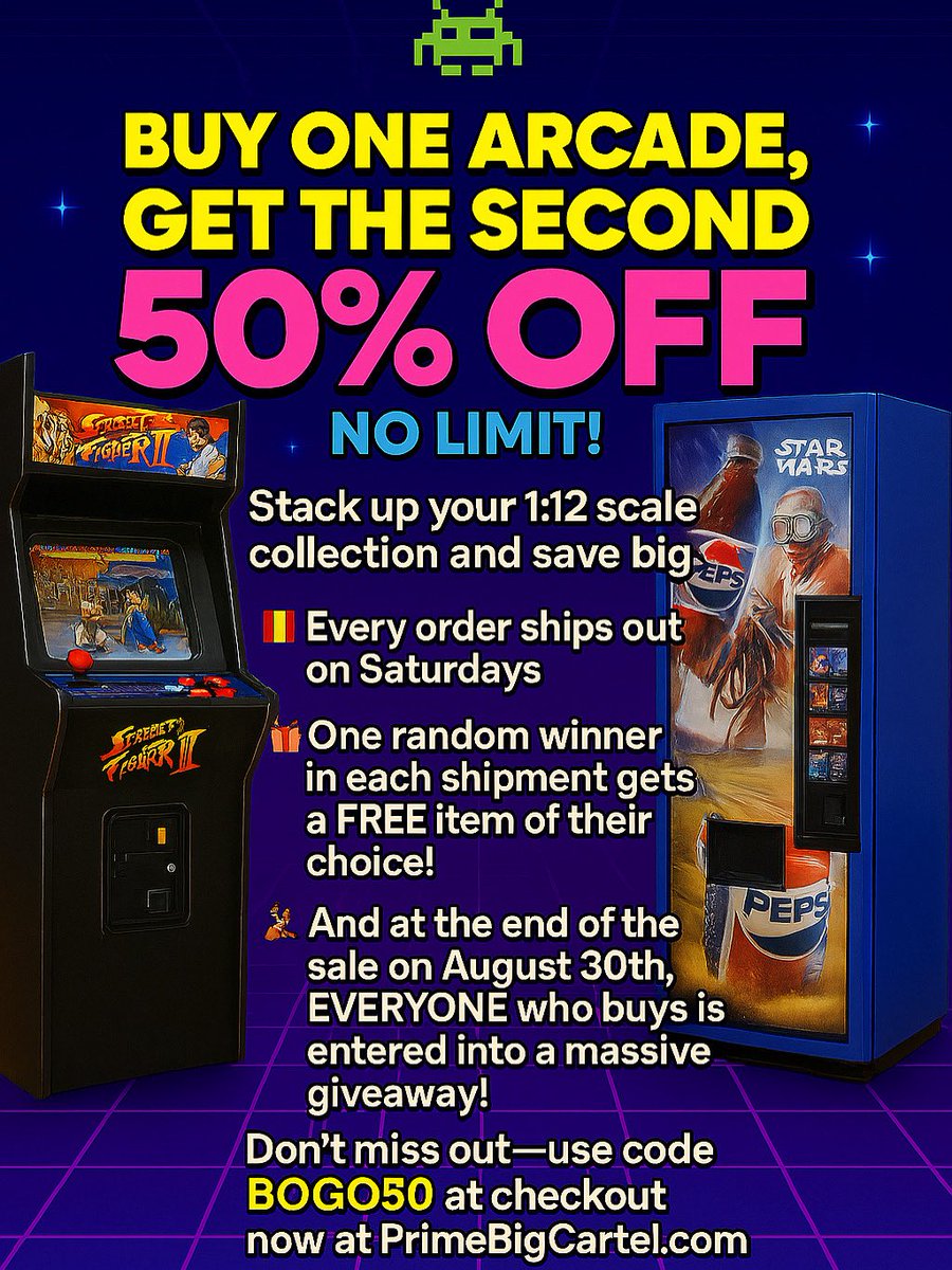 🚨 BOGO ALERT! 🚨
Buy 1, get 1 50% off on all 1:12 scale arcades at PrimeBigCartel.com!

📦 Orders ship Saturdays
🎁 1 random winner in every batch gets a FREE item
🏆 All buyers entered into a grand prize giveaway at the end!
#ToyCollector #toycommunity #arcade #prime
