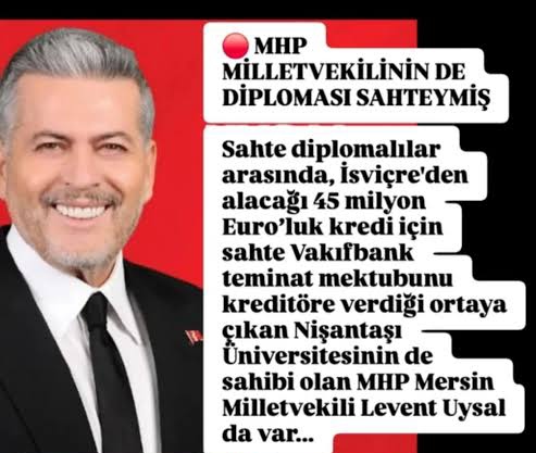 AKP-MHP, en tepeden en uca bir suç ortaklığı rejimi kurdu
CHP'nin 2022 ve 2023'de sahte diplomayla  ilgili TBMM'ye sunduğu önergeler AKP-MHP oylarıyla reddedildi
O gün önergeye ret oyu veren MHP Mersin Milletvekili Levent Uysal'ın diplomasının da sahte olduğunu şimdi öğreniyoruz.